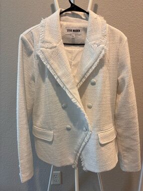 Steve Madden Ivory Fringe Tweed Double-Breasted Blazer